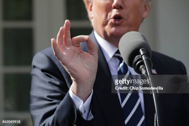 President Donald Trump speaks to reporters in the Rose Garden during a news conference with Senate Majority Leader Mitch McConnell following a lunch...