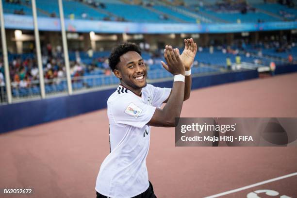 John Yeboah of Germany smiles during the FIFA U-17 World Cup India 2017 Round of 16 match between Columbia and Germany at Jawaharlal Nehru Stadium on...