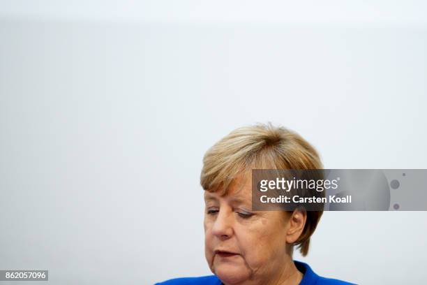 German Chancellor and leader of the German Christian Democrats Angela Merkel speaks during a press conference together with CDU lead candidate in...