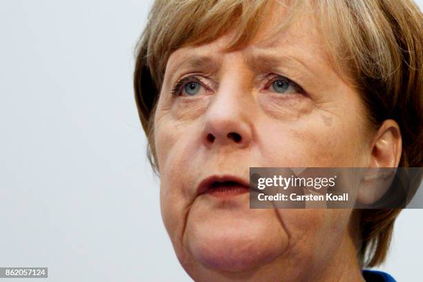 German Chancellor and leader of the German Christian Democrats Angela Merkel speaks during a press conference together with CDU lead candidate in...