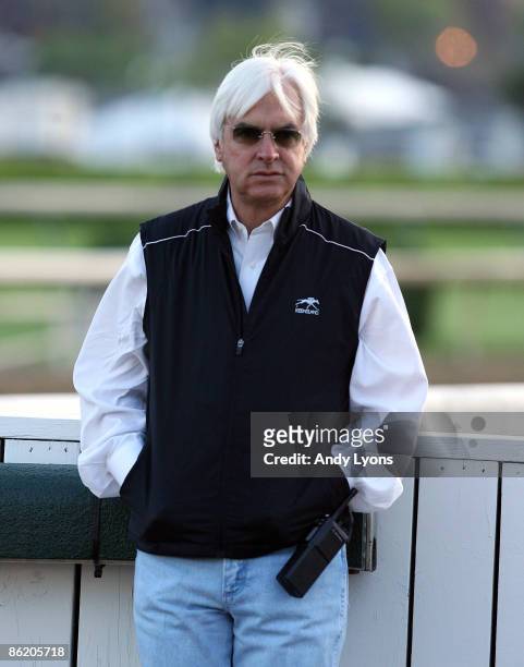 Bob Baffert the trainer of Pioneer of the Nile is pictured during the morning training for the 135th Kentucky Derby at Churchill Downs on April 24,...