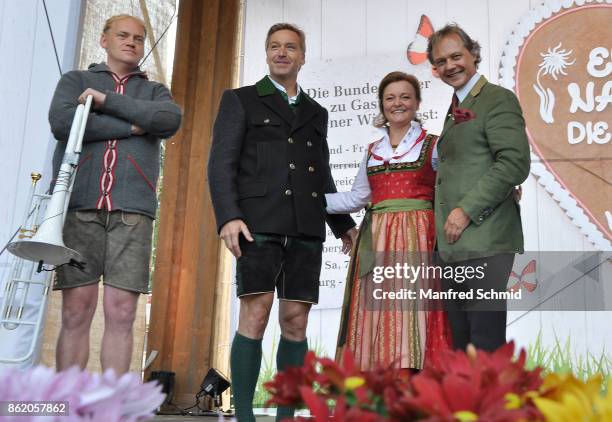 Fritz Kristoferitsch, Hans Knauss, Claudia Wiesner and Christian Feldhofer pose on stage during the opening of Wiener Wiesn-Fest 2017 at Kaiserwiese...