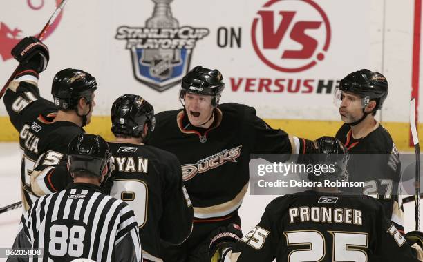 Ryan Getzlaf, Corey Perry, Scott Niedermayer, Chris Pronger and Bobby Ryan of the Anaheim Ducks celebrate a second goal in the second period by Bobby...