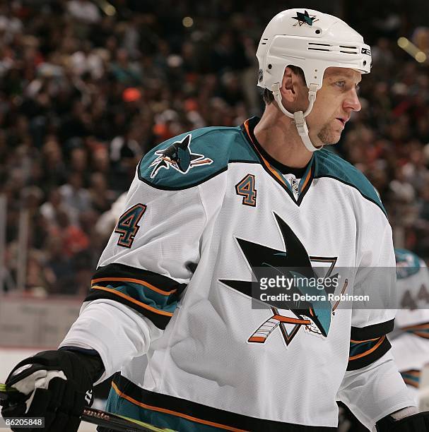 Rob Blake of the San Jose Sharks skates on the ice against the Anaheim Ducks during Game Four of the Western Conference Quarterfinal Round of the...