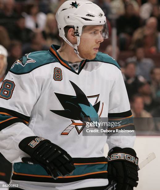 Joe Pavelski of the San Jose Sharks skates on the ice against the Anaheim Ducks during Game Four of the Western Conference Quarterfinal Round of the...