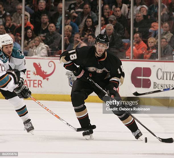 Drew Miller of the Anaheim Ducks handles the puck down ice against the San Jose Sharks during Game Four of the Western Conference Quarterfinal Round...