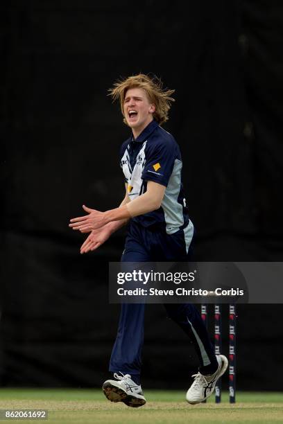 Will Sutherland of Victoria celebrates taking the wicket of Ryan Gibson of NSW during the JLT One Day Cup match between New South Wales and Victoria...