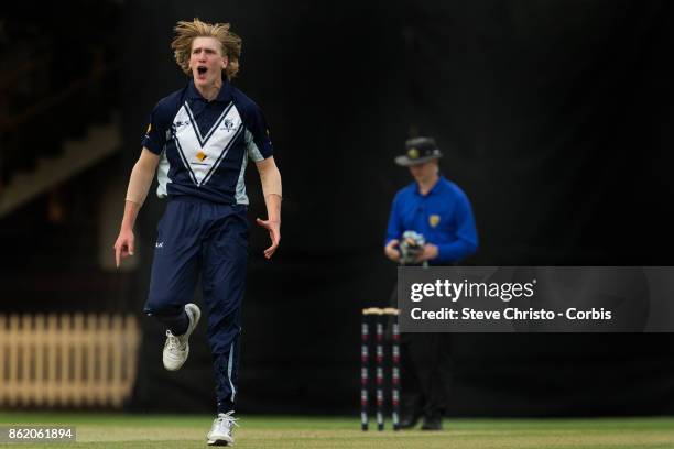 Will Sutherland of Victoria celebrates taking the wicket of Ryan Gibson of NSW during the JLT One Day Cup match between New South Wales and Victoria...