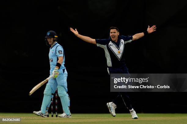 Scott Boland of Victoria appeals for an LBW on Pat Cummins of NSW during the JLT One Day Cup match between New South Wales and Victoria at North...