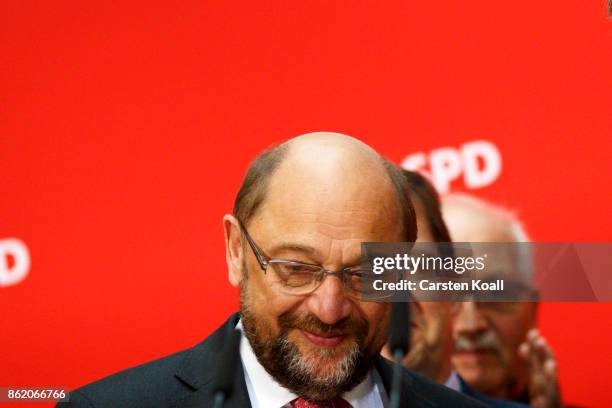 Martin Schulz, head of the German Social Democrats , speaks during a press conference with Stephan Weil , incumbent SPD candidate in yesterday's...