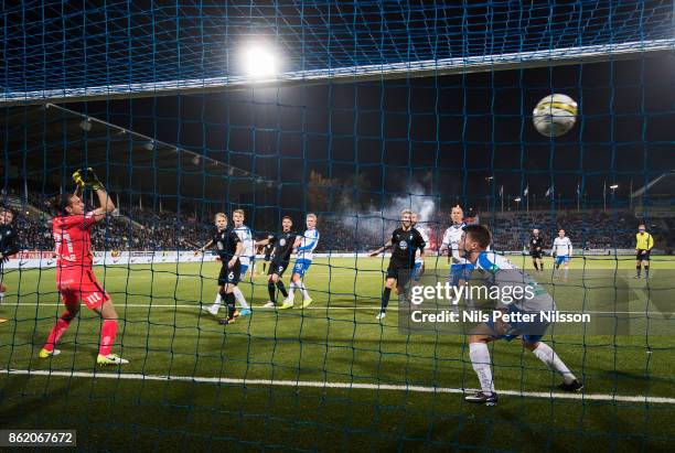 Lasse Nielsen of Malmo FF scores to 1-2 during the Allsvenskan match between IFK Norrkoping and Malmo FF at Ostgotaporten on October 16, 2017 in...