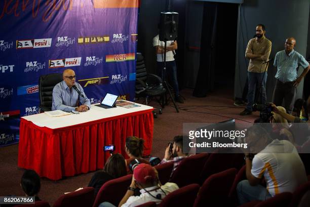 Jorge Rodriguez, mayor of Libertador municipality in Caracas, speaks during a press conference in Caracas, Venezuela, on Monday, Oct. 16, 2017....