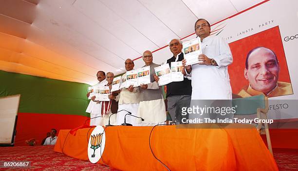 April 3: BJP leaders, Venkaiah Naidu, Murli Manohar Joshi, Rajnath Singh, Lal Krishna Advani, Jaswant Singh and Arun Jaitley stand at the release of...