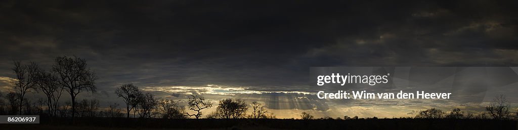 Sunbeams shining from clouds over African landscape