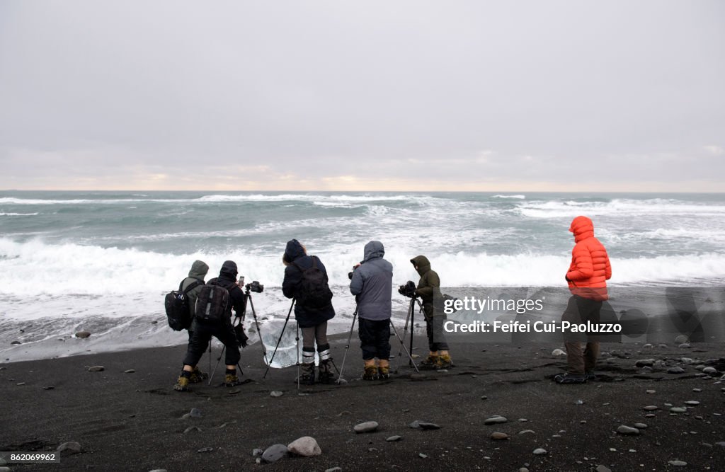 Group of tourist making photo at beach at Jökulsarlon, East Iceland