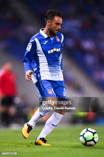 Sergio Garcia of RCD Espanyol runs with the ball during the La Liga match between Espanyol and Levante at Cornella-El Prat stadium on October 13,...