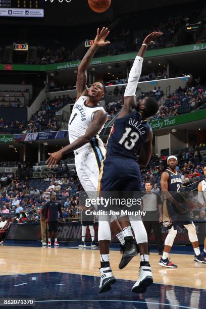 Durand Scott of the Memphis Grizzlies shoots the ball during a preseason game against the New Orleans Pelicans on October 13, 2017 at FedExForum in...