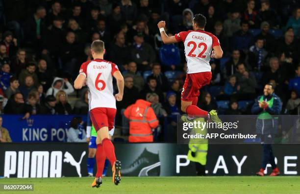 West Bromwich Albion's Belgian midfielder Nacer Chadli celebrates scoring his team's first goal during the English Premier League football match...