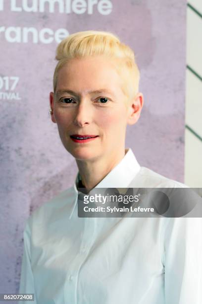 Actress Tilda Swinton poses after "Welcome to Tilda Swinton" master class during 9th Film Festival Lumiere on October 16, 2017 in Lyon, France.