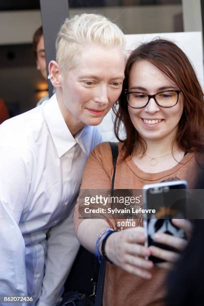 Actress Tilda Swinton meets fans after attending "Welcome to Tilda Swinton" master class during 9th Film Festival Lumiere on October 16, 2017 in...