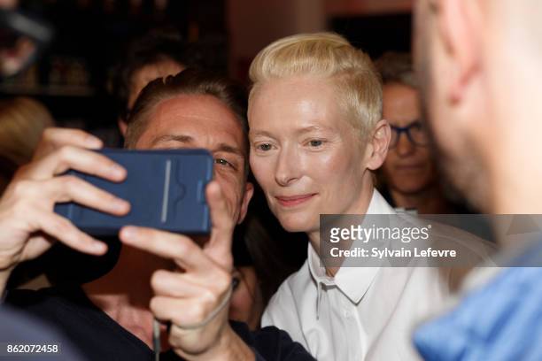 Actress Tilda Swinton meets fans after attending "Welcome to Tilda Swinton" master class during 9th Film Festival Lumiere on October 16, 2017 in...
