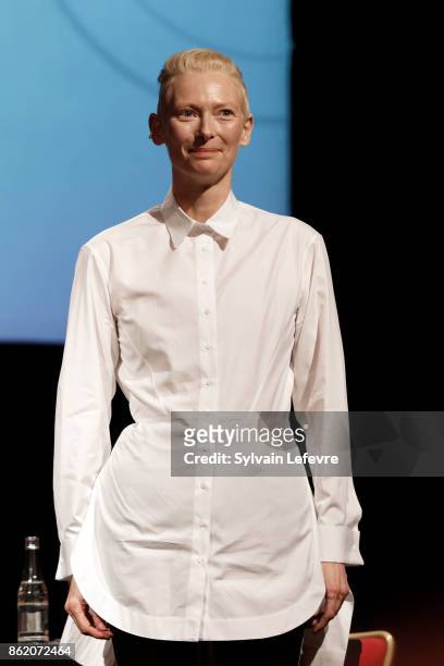 Actress Tilda Swinton attends "Welcome to Tilda Swinton" master class during 9th Film Festival Lumiere on October 16, 2017 in Lyon, France.