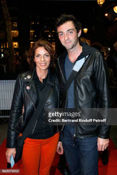 Actress Elizabeth Bourgine and her son Jules attend the "Knock" Paris Premiere at Cinema UGC Normandie on October 16, 2017 in Paris, France.