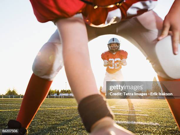 football center preparing to snap football to quarterback - snap imagens e fotografias de stock