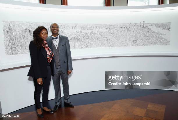 Annette Wiltshire and Artist Stephen Wiltshire attend Empire State Building as it unveils commissioned cityscape by artist Stephen Wiltshire at The...