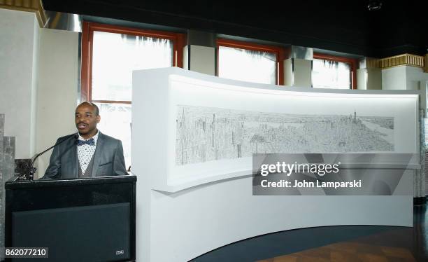 Artist Stephen Wiltshire attends Empire State Building as it unveils commissioned cityscape by artist Stephen Wiltshire at The Empire State Building...