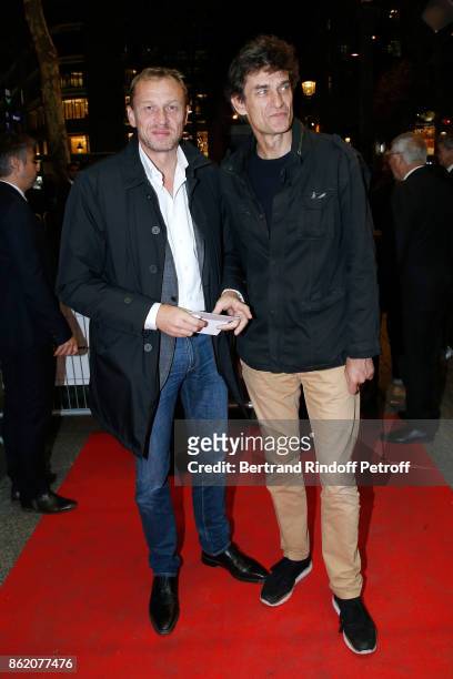 Producers Nicolas Altmayer and his brother Eric Altmayer attend the "Knock" Paris Premiere at Cinema UGC Normandie on October 16, 2017 in Paris,...