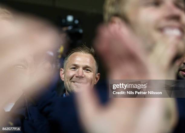 Magnus Pehrsson, head coach of Malmo FF celebrates after the victory during the Allsvenskan match between IFK Norrkoping and Malmo FF at...