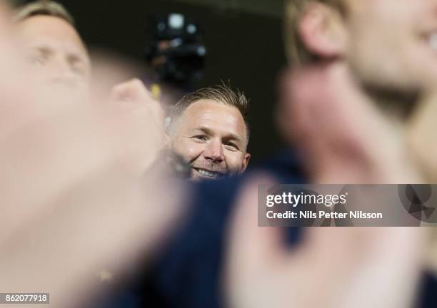 Magnus Pehrsson, head coach of Malmo FF celebrates after the victory during the Allsvenskan match between IFK Norrkoping and Malmo FF at...