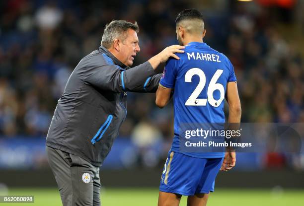 Riyad Mahrez of Leicester City with Manager Craig Shakespeare of Leicester City during the Premier League match between Leicester City and West...