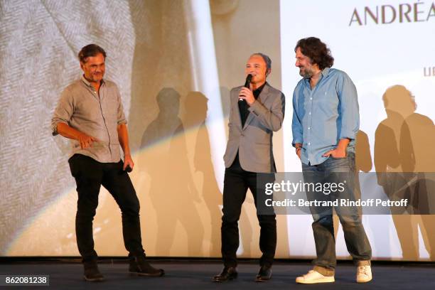 Stephane Celerier standing between producers of the movie Marc Missonnier and Olivier Delbosc present the "Knock" Paris Premiere at Cinema UGC...