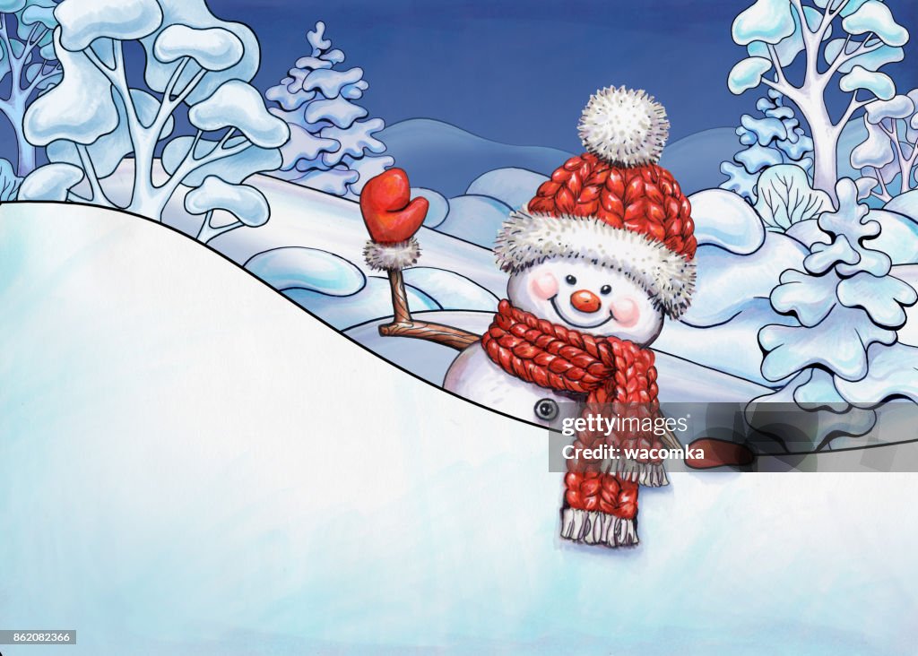 Navidad Ilustración Paisaje De Invierno Muñeco De Nieve Dibujos Animados Agitando La Mano Banner En Blanco Tenencia Tarjeta De Vacaciones Ilustración de stock - Getty Images Navidad Ilustración Paisaje De Invierno Muñeco De Nieve Dibujos Animados Agitando La Mano Banner En Blanco Tenencia Tarjeta De Vacaciones Ilustración de stock - Getty Images