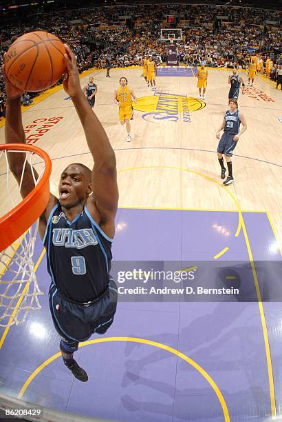 Ronnie Brewer of the Utah Jazz takes the ball to the basket against the Los Angeles Lakers in Game Two of the Western Conference Quarterfinals during...