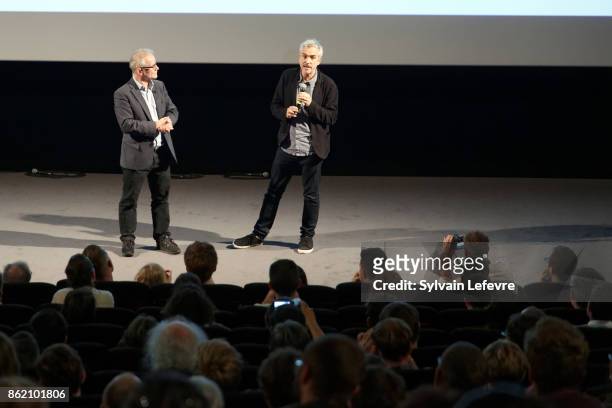 Thierry Fremaux and Alfonso Cuaron during "Bienvenida a Alfonso Cuaron" ceremony for 9th Film Festival Lumiere on October 16, 2017 in Lyon, France.