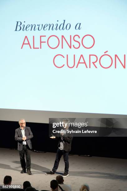 Thierry Fremaux and Alfonso Cuaron during "Bienvenida a Alfonso Cuaron" ceremony for 9th Film Festival Lumiere on October 16, 2017 in Lyon, France.