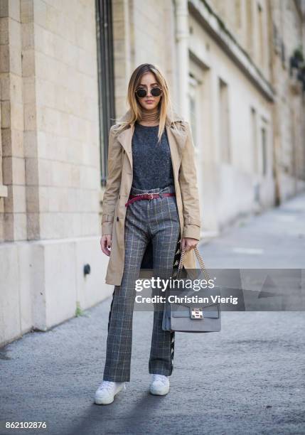 Fashion Blogger Rosa Crespo wearing white sneakers Superga, grey checked Faith Connexion pants, Salar Milano bag, grey Iro cashmere knit, turtleneck...