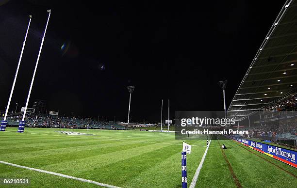 Play is put on hold as the lights fail during the round 11 Super 14 match between the Blues and the Reds at North Harbour Stadium on April 25, 2009...