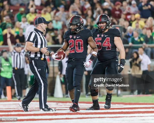 Bryce Love of the Stanford Cardinal celebrates a touchdown during an NCAA Pac-12 football game against the University of Oregon Ducks on October 14,...