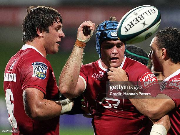 James Horwill of the Reds celebrates after scoring a try during the round 11 Super 14 match between the Blues and the Reds at North Harbour Stadium...