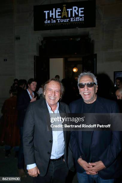 Alexandre Arcady and Gerard Darmon attend the One Woman Show by Christelle Chollet for the Inauguration of the Theatre de la Tour Eiffel. Held at...