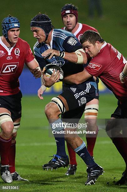 Anthony Boric of the Blues attacks during the round 11 Super 14 match between the Blues and the Reds at North Harbour Stadium on April 25, 2009 in...