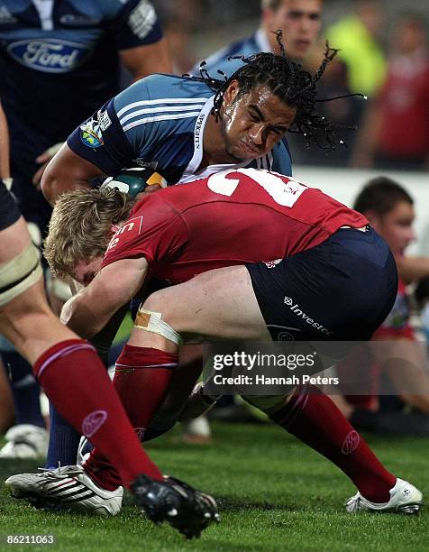 Taniela Moa of the Blues attacks during the round 11 Super 14 match between the Blues and the Reds at North Harbour Stadium on April 25, 2009 in...