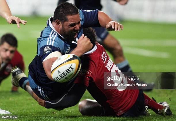 Charlie Faumuina of the Blues loses the ball over the line during the round 11 Super 14 match between the Blues and the Reds at North Harbour Stadium...