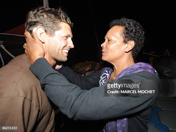 Frenck Erwan Tabarly , skipper of monohull "Athema" is welcomed by his aunt Jacqueline Tabarly , widow of skipper Eric Tabarly on April 25, 2009 in...