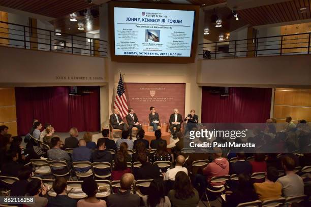 Jeh Johnson, Ash Carter, Rachel Maddow, Ernest Moniz and Samantha Power speak at the Harvard University John F. Kennedy Jr. Forum in a program titled...