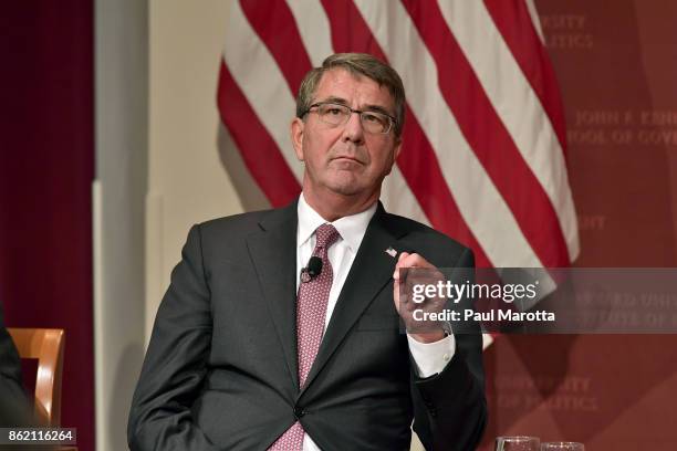 Ash Carter speaks at the Harvard University John F. Kennedy Jr. Forum in a program titled "Perspectives on National Security" moderated by Rachel...